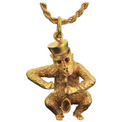 Vintage Monkey Saxophone Ruby Yellow Gold Pendant