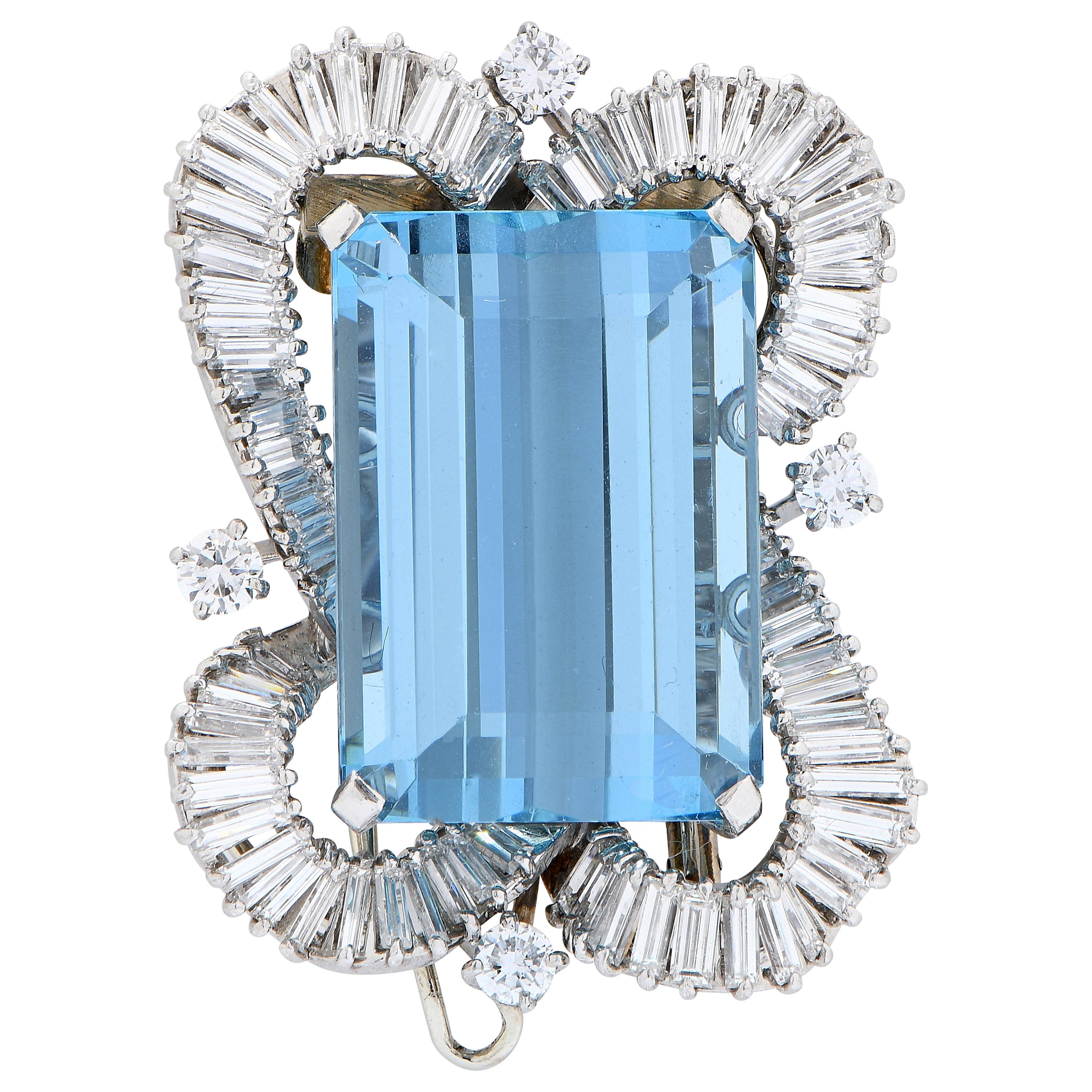 Boucheron Paris 32.5 Carat Rectangular Cut Aquamarine Diamond Platinum Brooch