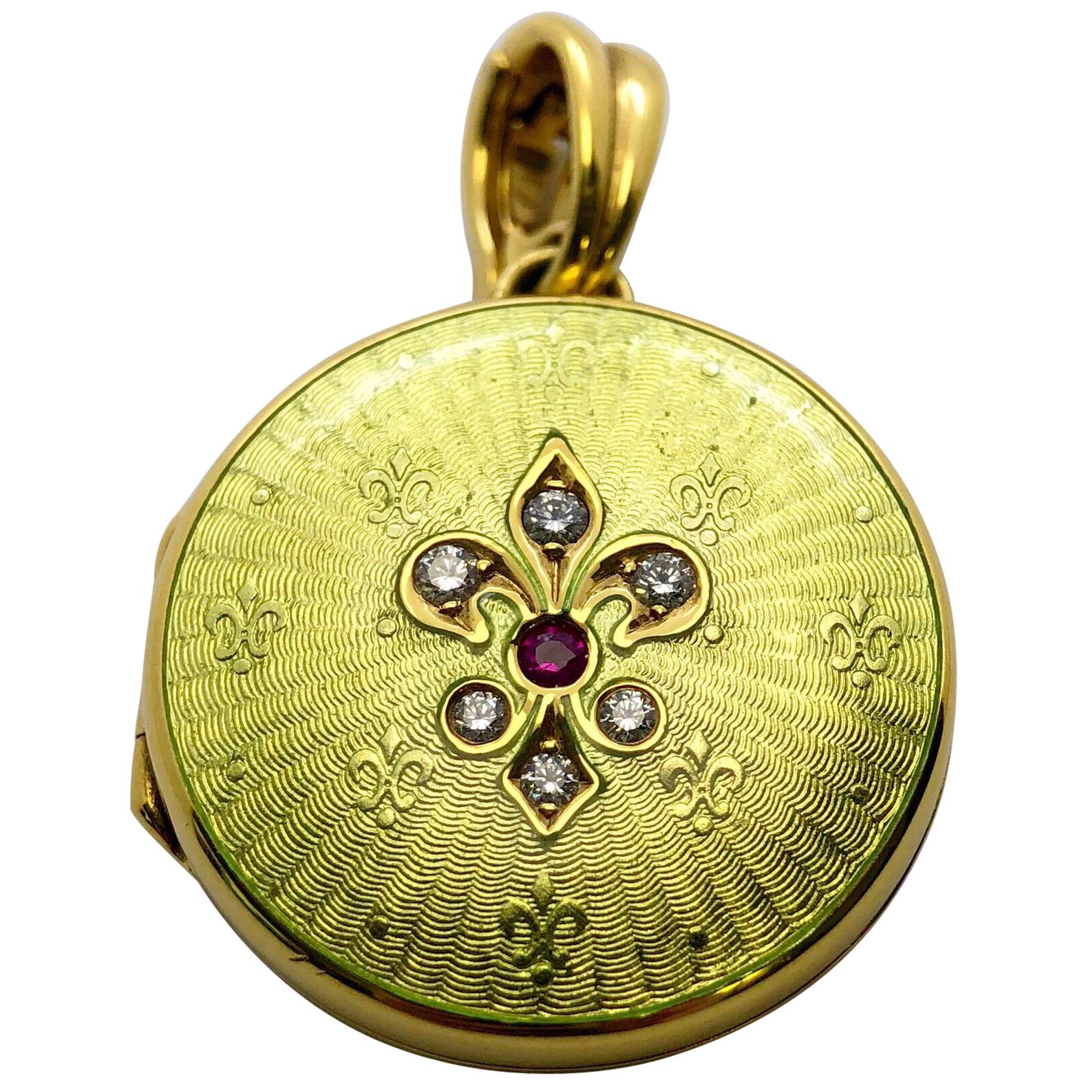 Faberge 18 Karat Gold Guilloche Chartreuse Green Locket, Diamond and Ruby