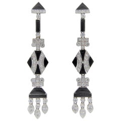 Antique Art Deco Platinum Diamond with Onyx Pendant Earrings