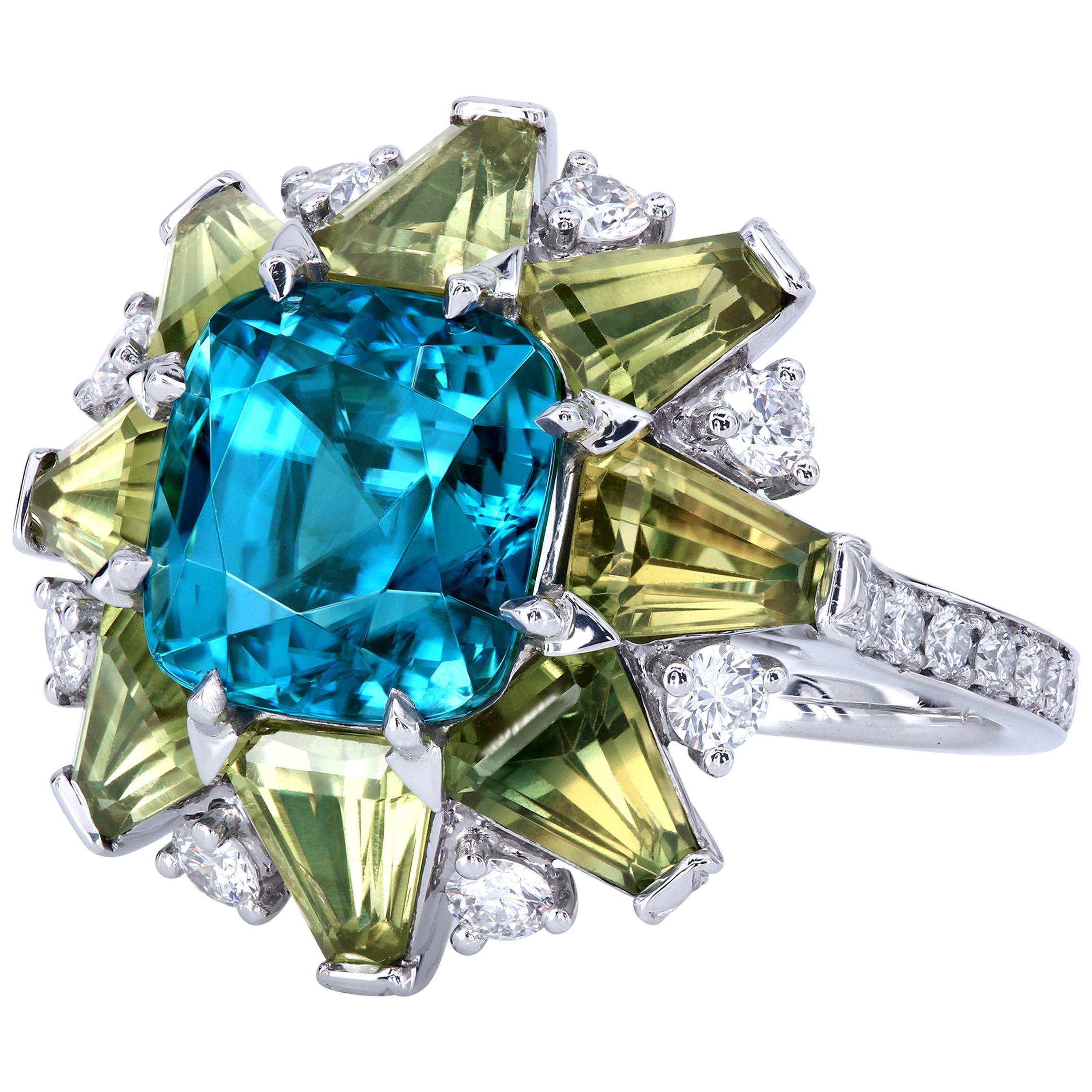 Leon Mege Avant Garde Paraiba-Like Blue Zircon Fancy Sapphire Diamond Ring 