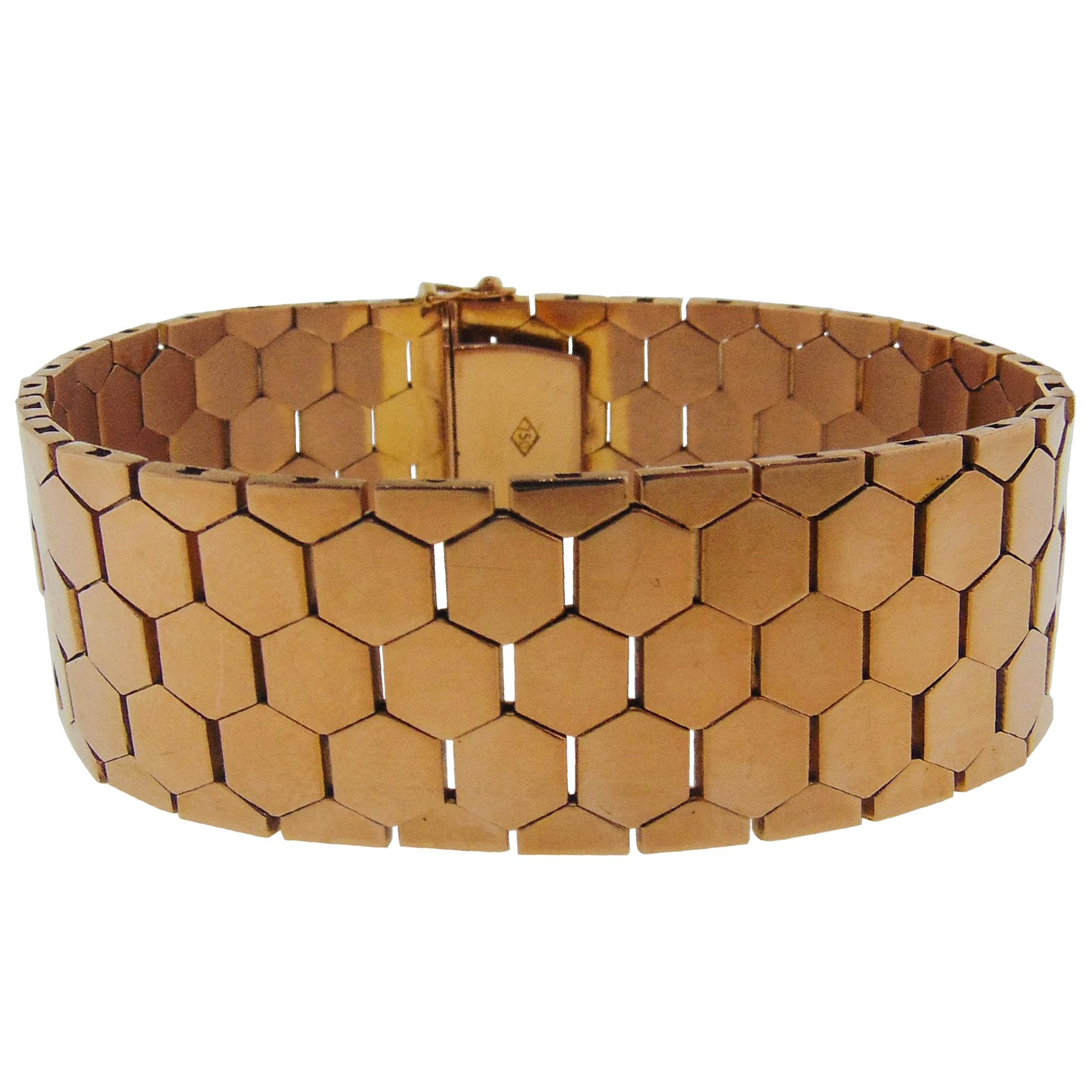 Retro 18 karat Rose Gold Honey-Comb Bracelet  For Sale