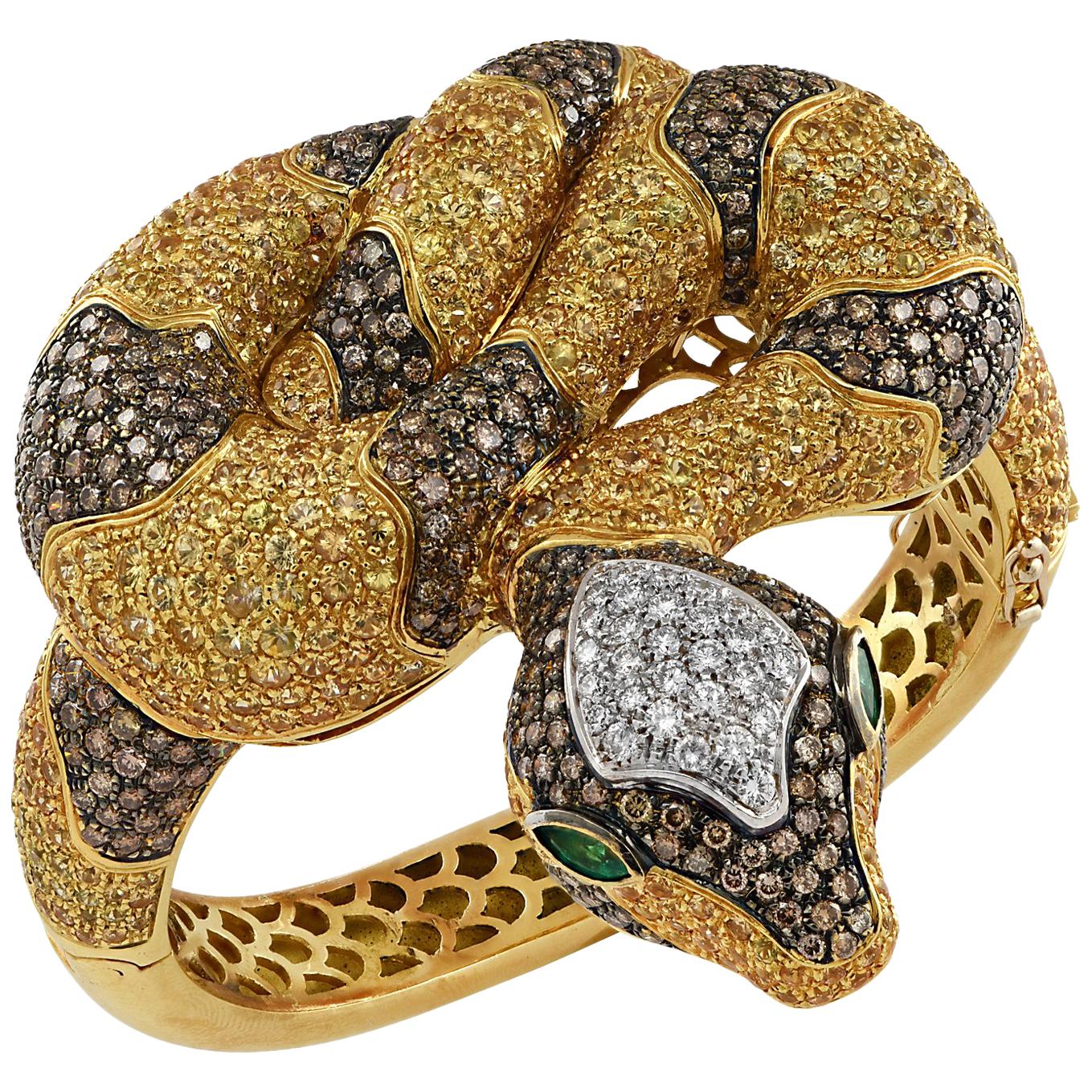 Diamond, Yellow Sapphire and Emerald Snake Bangle Bracelet