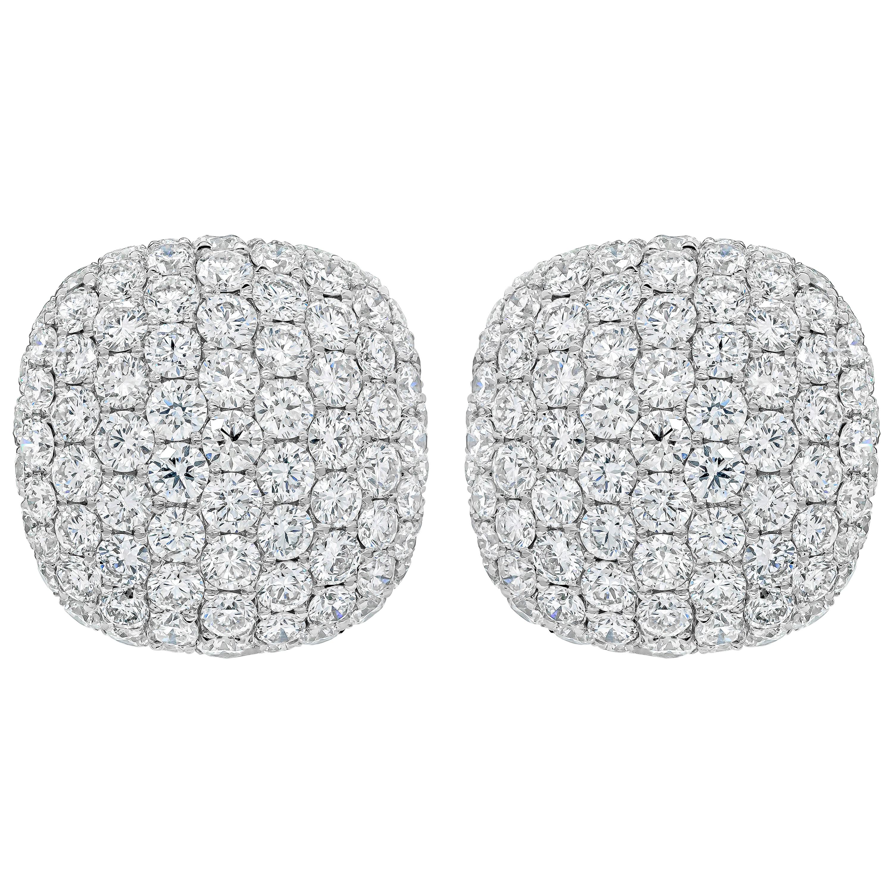5.52 Carats Total Round Micro-Pave Diamond Cushion Shape Clip-on Hoops Earrings