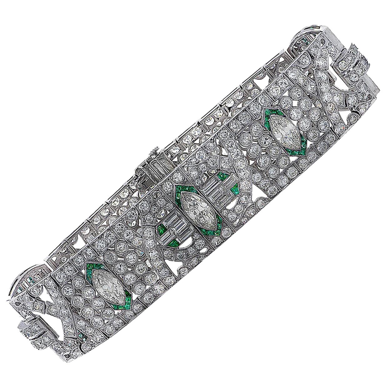 Art Deco 21 Carat Diamond and Emerald Bracelet