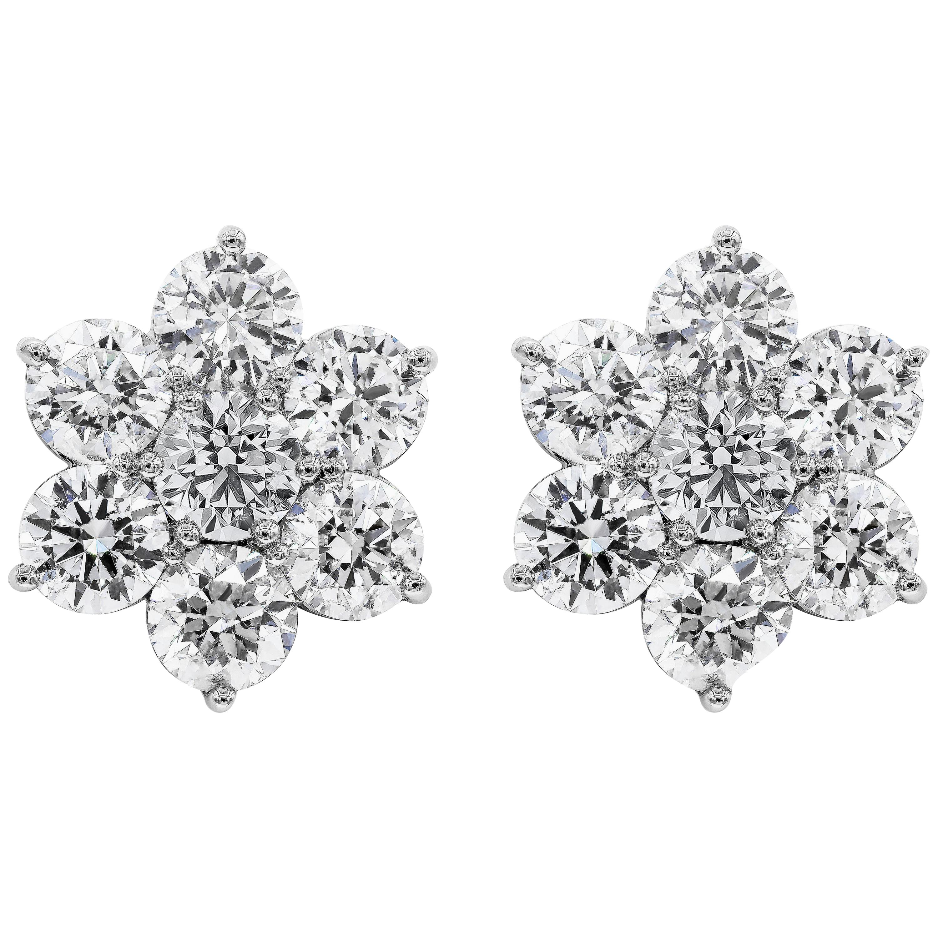 Roman Malakov 7.48 Carats Total Brilliant Round Cut Diamond Flower Stud Earrings For Sale