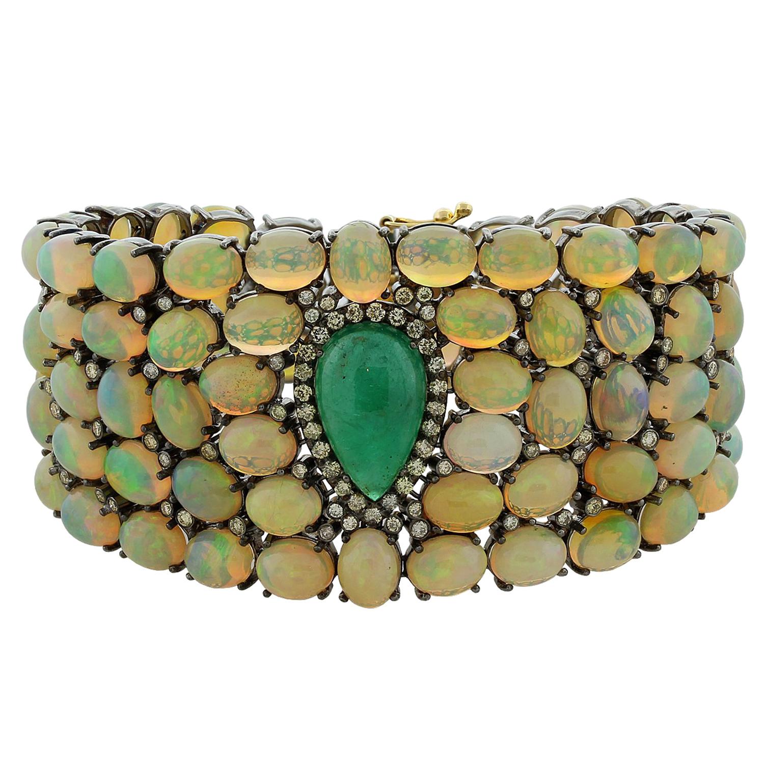 Estate Cabochon Emerald Opal Diamond Gold Bracelet