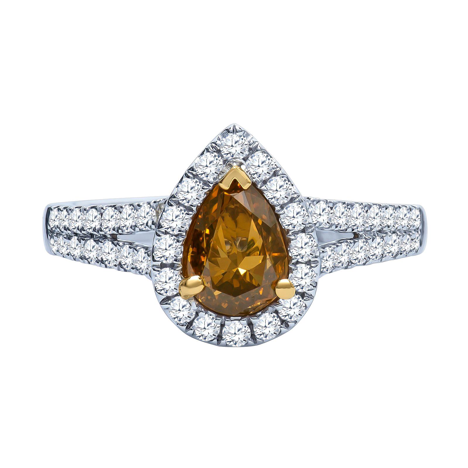 Bague de fiançailles avec diamant central de couleur marron et jaune fantaisie en forme de poire de 1,00 carat