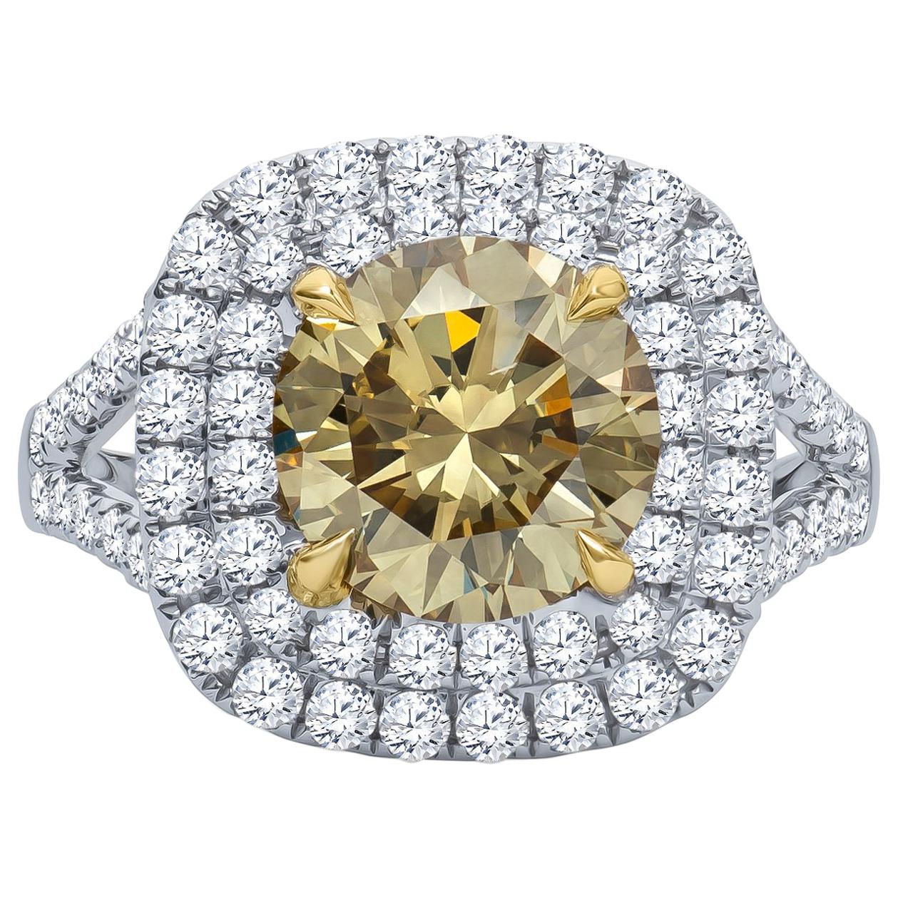 2.43 Carat 'GIA' Round Natural Brown-Green-Yellow Diamond with Double Halo Ring