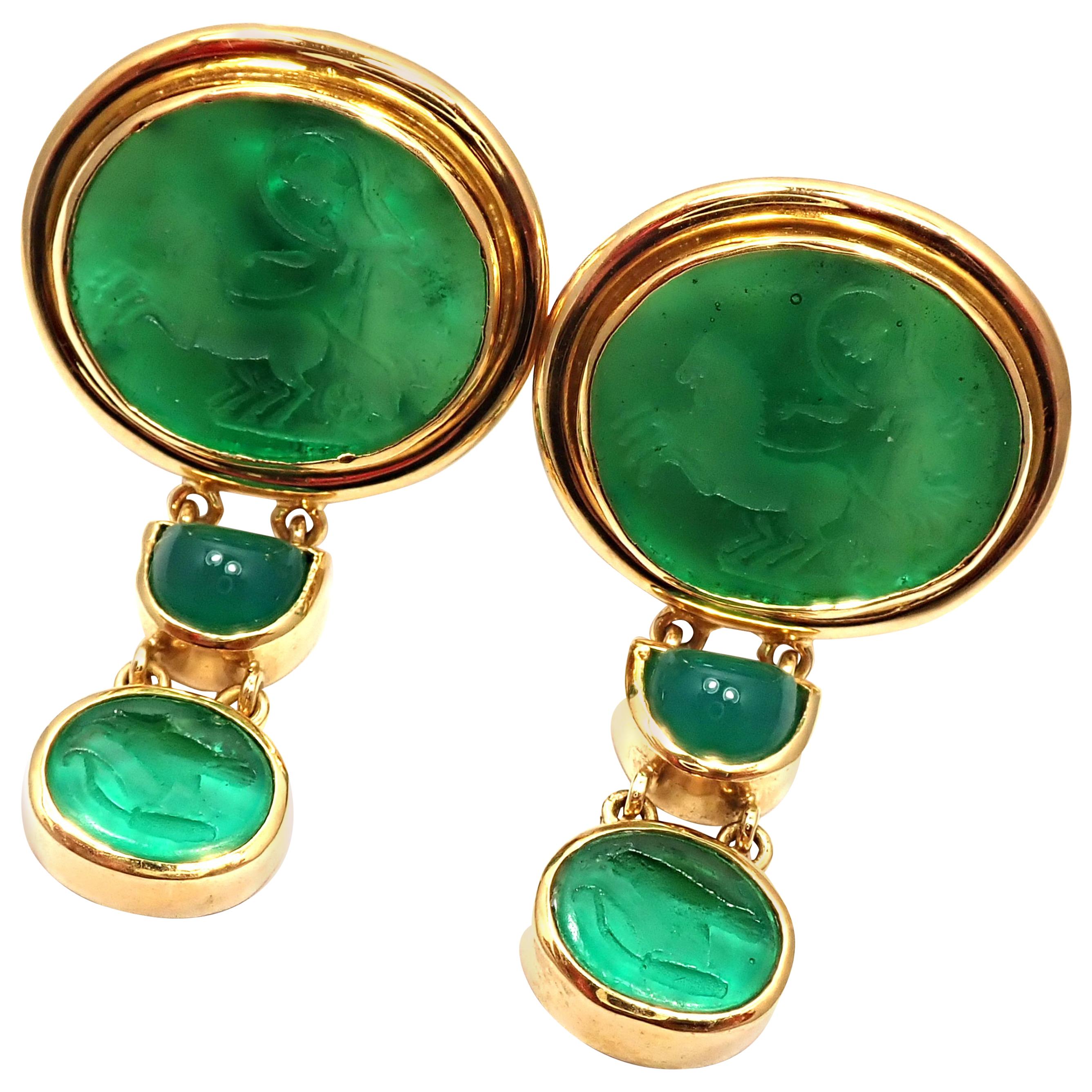 Elizabeth Locke Venetian Green Glass Intaglio Chalcedony Yellow Gold Earrings