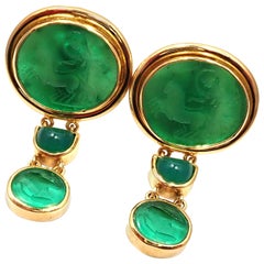 Vintage Elizabeth Locke Venetian Green Glass Intaglio Chalcedony Yellow Gold Earrings