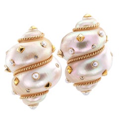 Vintage Fred Leighton Twin Shell Diamond Pearl Gold Ear Clips