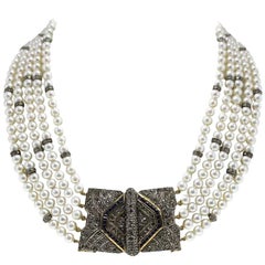 Pearl Sapphire Diamond Silver Gold Multi-Strand Necklace