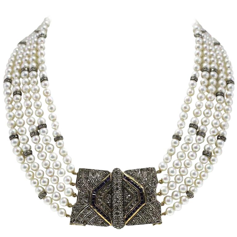Pearl Sapphire Diamond Silver Gold MultiStrand Necklace For Sale at