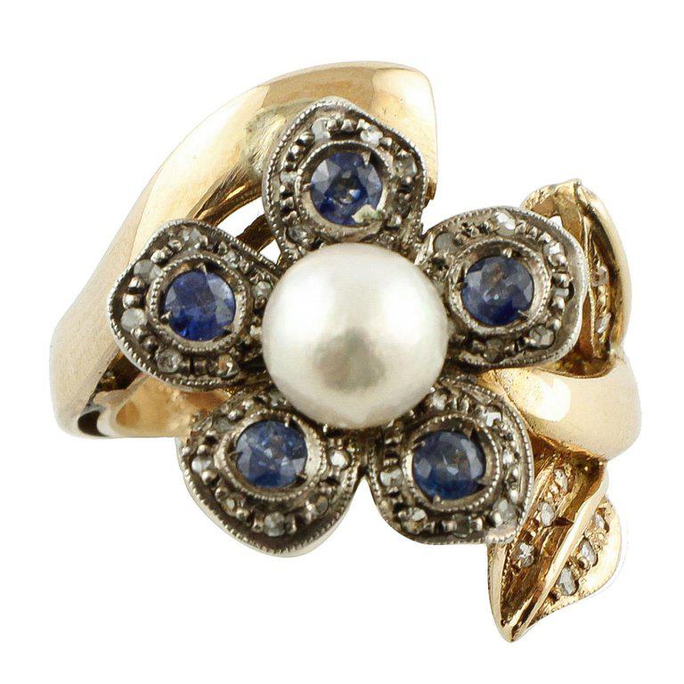 Sapphire Pearl Diamond Silver Gold Daisy Ring For Sale
