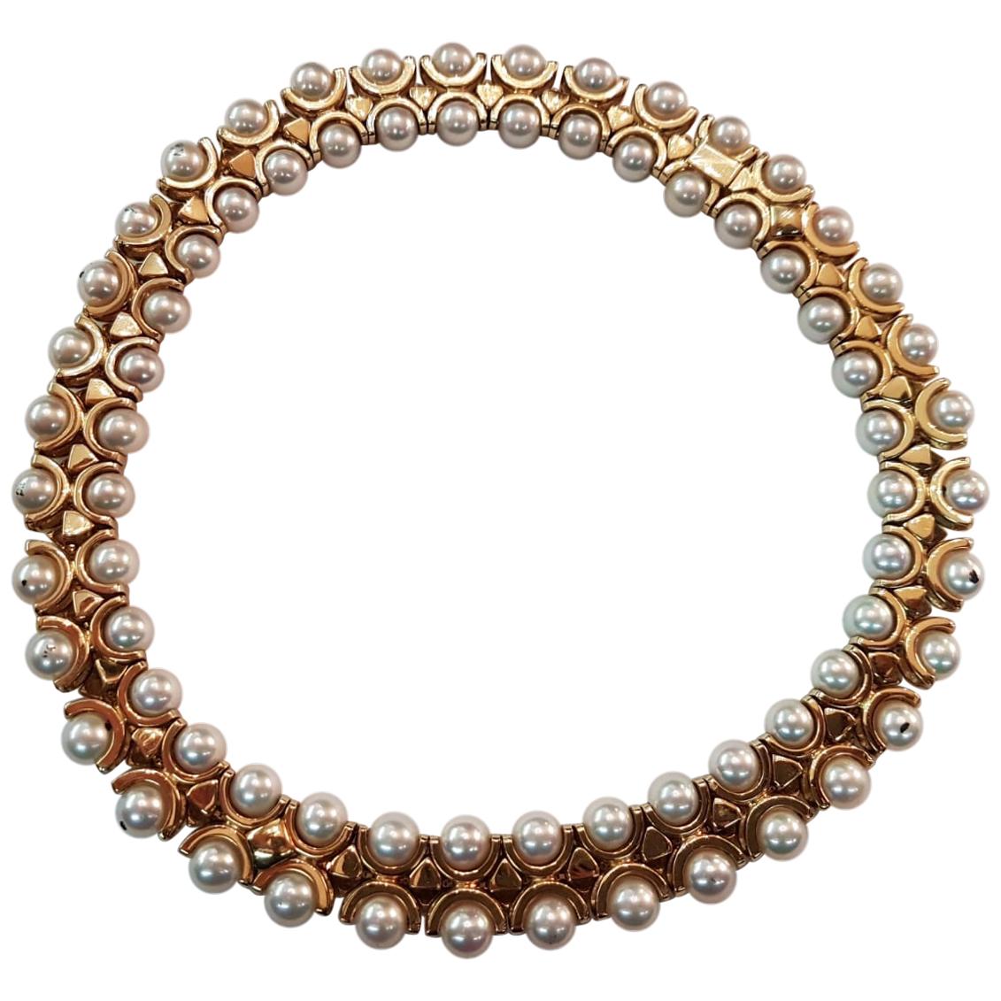 Italian Double Row Oriental Pearl 18 Karat Yellow Gold Choker Necklace For Sale
