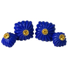 Berca Yellow Sapphire Hand Inlaid, Carved Lapis Lazuli Yellow Gold Cufflinks
