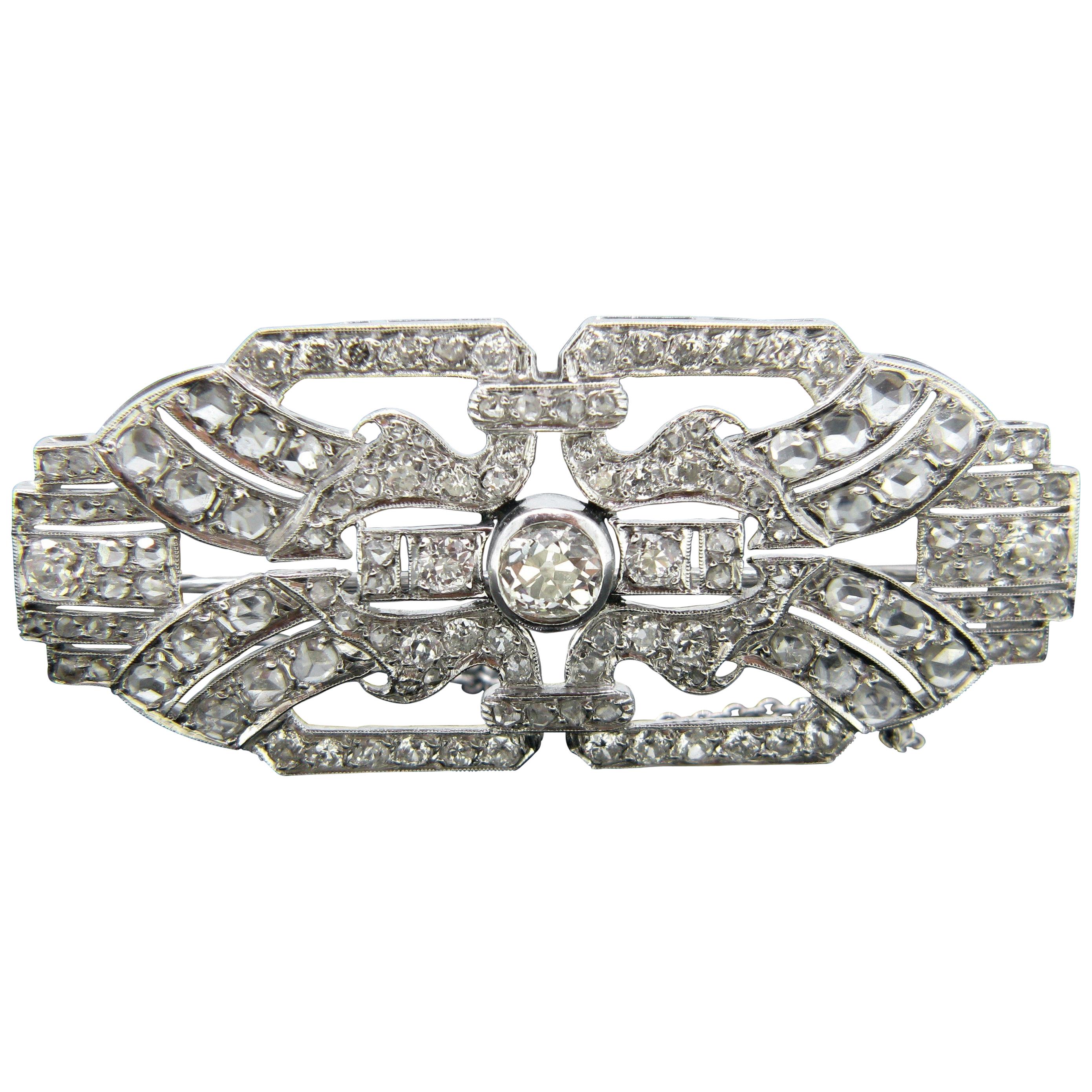 Art Deco Old Mine Rose Cut Diamond Platinum Brooch