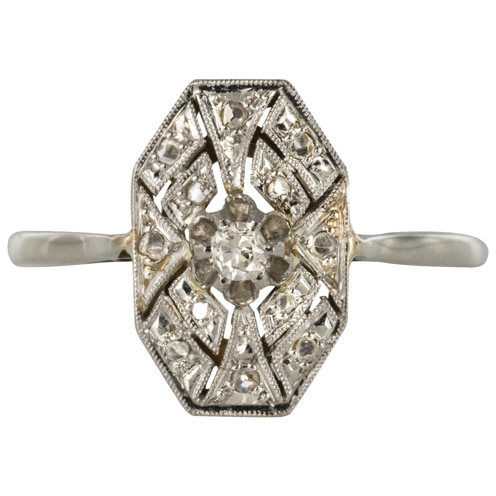 1925 French Art Deco 18 Karat White Gold Platinum Diamond Hexagon Shaped Ring