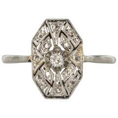 1925 French Art Deco 18 Karat White Gold Platinum Diamond Hexagon Shaped Ring