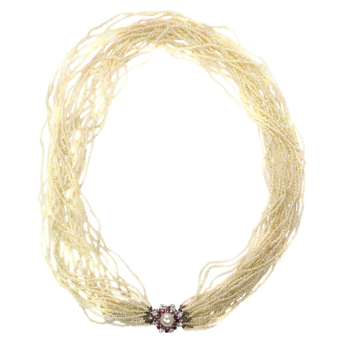Vintage Pearl Necklace with 13000+ Pearls and White Gold Diamond Ruby Closure For Sale