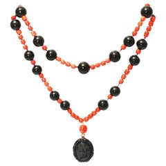 Coral Necklace with Agate Cameo and Agate Balls, Biedermeier