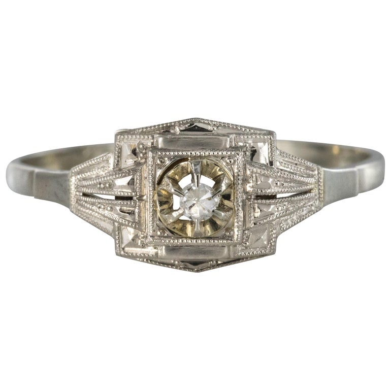 1925 French Art Deco 18 Karat White Gold Platinum Diamond Ring at 1stDibs