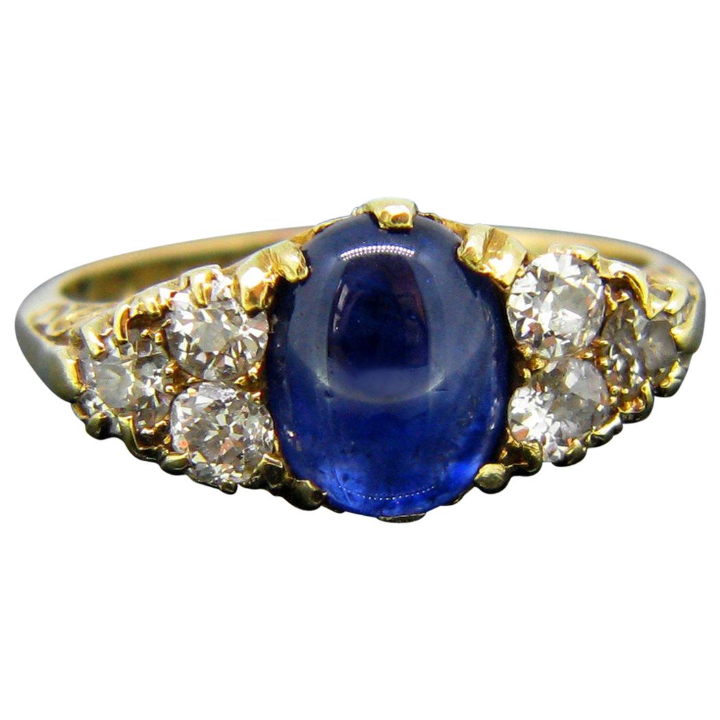Victorian Cabochon Sapphire Old Cut Diamonds Yellow Gold Ring