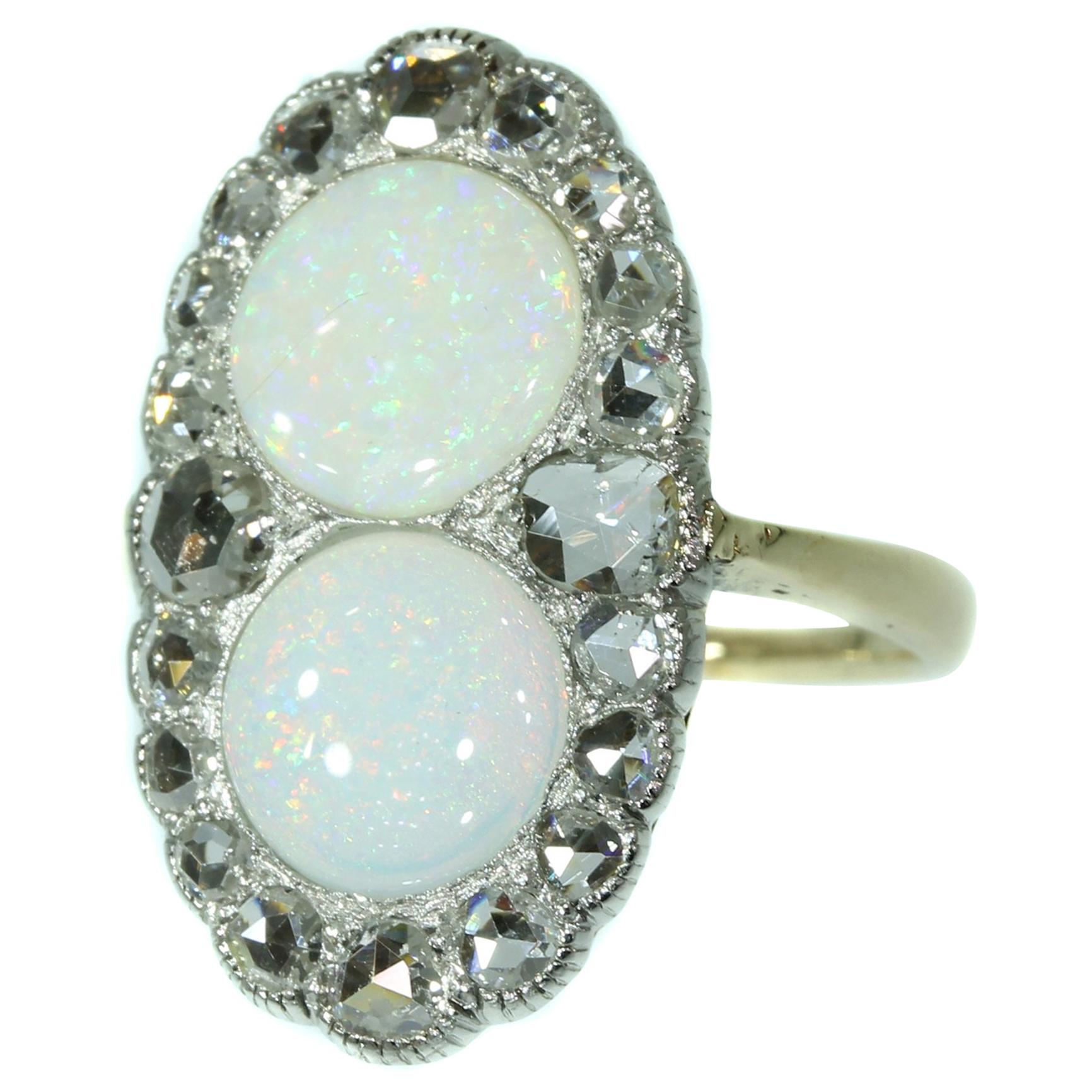 Antique Victorian Engagement Ring with Rose Cut Diamonds and Cabochon Opals For Sale