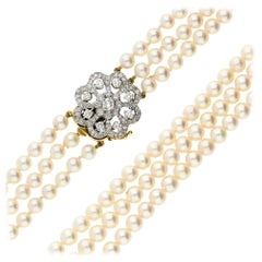Three-Strand Pearl Choker Necklace and 18 Carat Gold 1.40 Carat Diamond Clasp