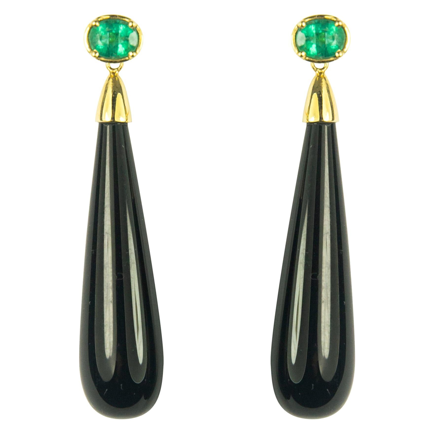 Fei Liu Emerald Onyx 18 Karat Yellow Gold Drop Earrings
