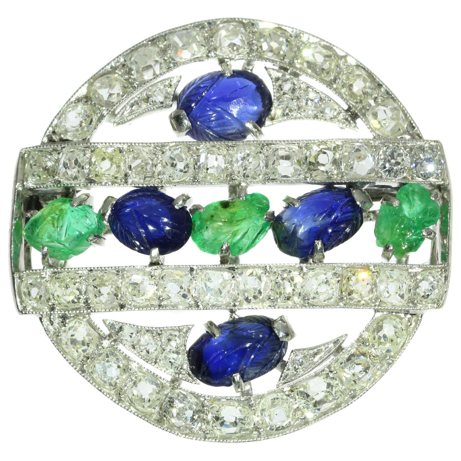 French Art Deco 3.09 Carat Diamond Emerald Sapphire Platinum Tutti Frutti Brooch For Sale