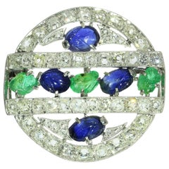 French Art Deco 3.09 Carat Diamond Emerald Sapphire Platinum Tutti Frutti Brooch