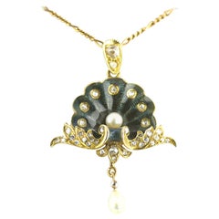 Guilloché Enamel Pearl Diamond Gold Belle Époque Pendant, circa 1900