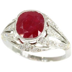 Antique Certified Heat Treated Natural Ruby 3.19 Carat Diamond Platinum Ring France 1920