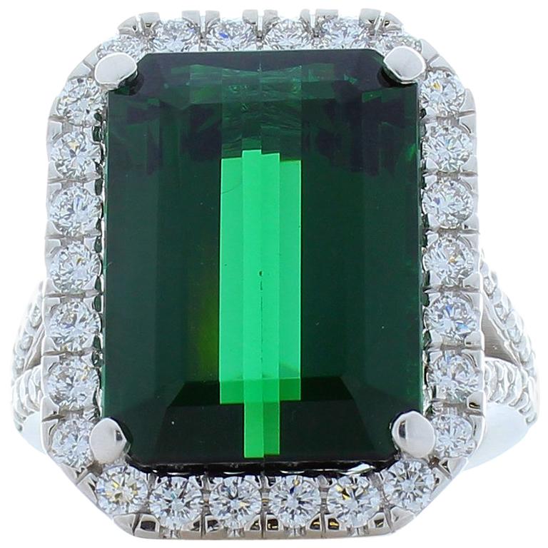 11.61 Carat Emerald Cut Tourmaline and Diamond Cocktail Ring in 18 Karat Gold