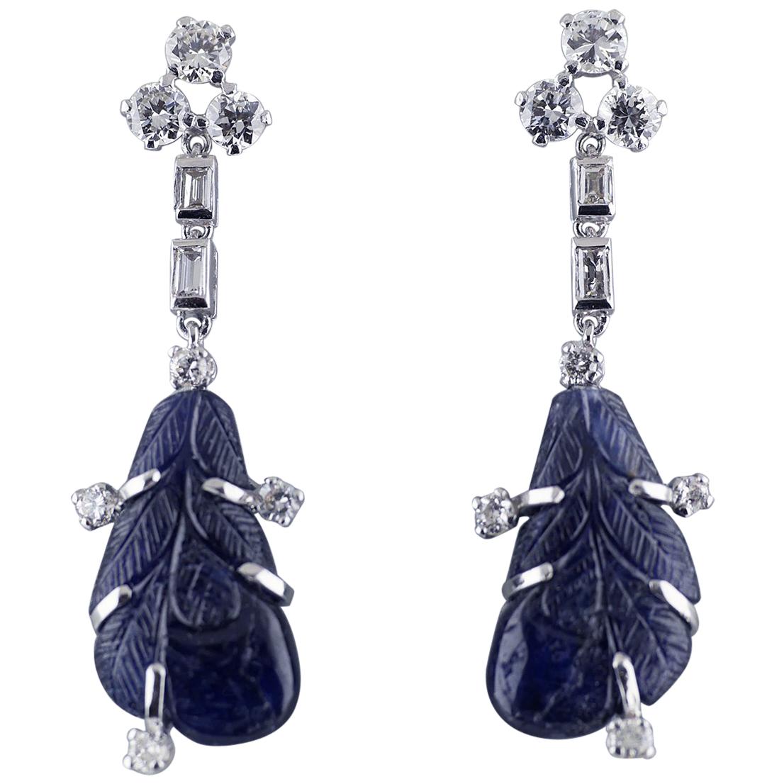 Platinum Certified Untreated Carved Sapphire Diamond Drop Earrings