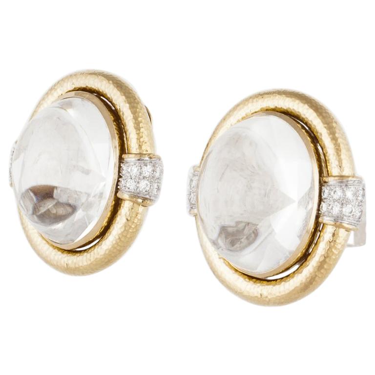 David Webb 18K Gold Rock Crystal Earrings with Diamonds