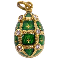 Vintage Faberge 18Kt Yellow Gold & Guilloché Caged Egg pendant w/ Diamonds & Certificate