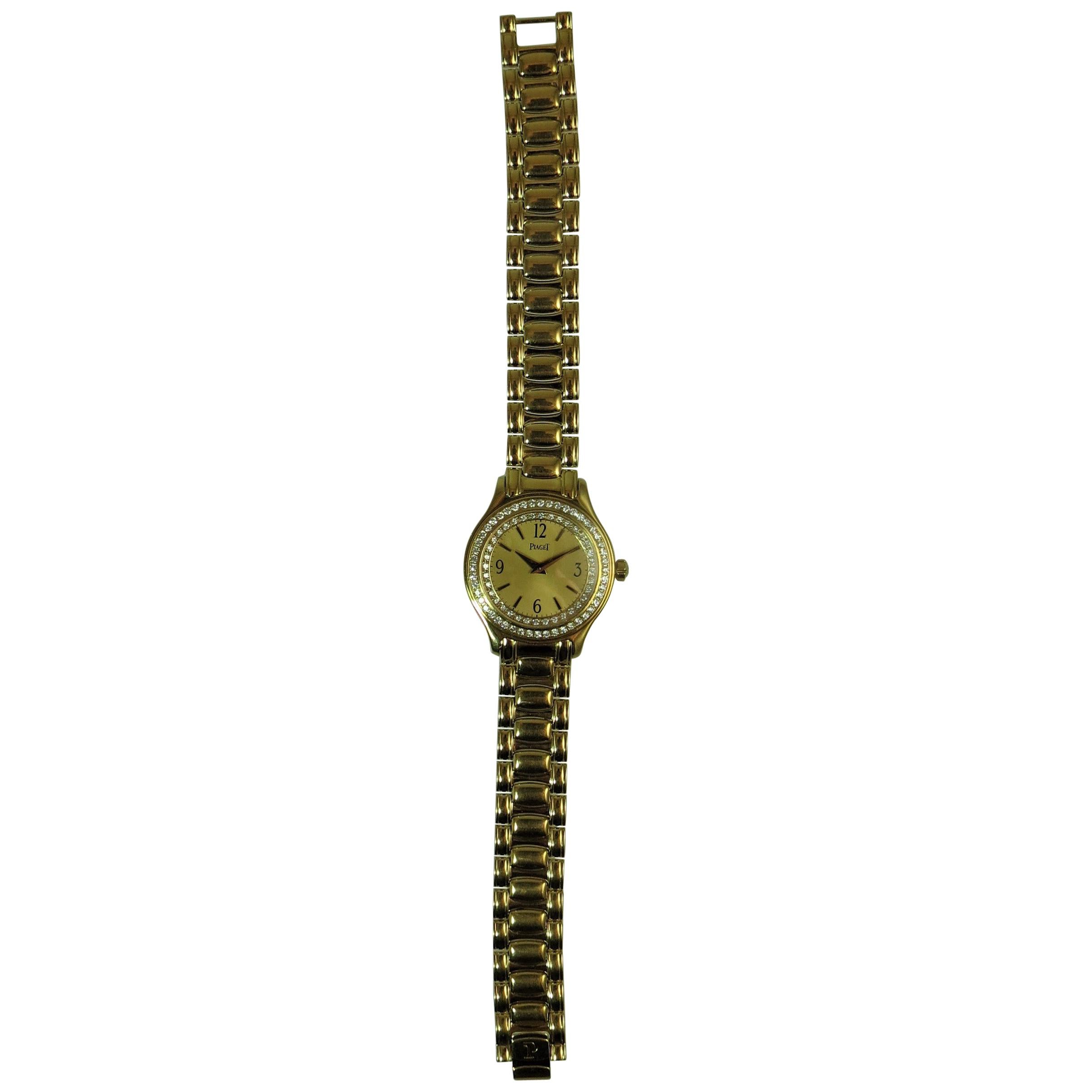 New Piaget 18 Karat Yellow Gold Bracelet Watch with Double Row Diamond Bezel For Sale