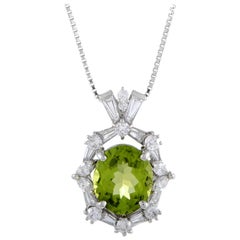 Round and Tapered Baguette Diamonds and Oval Peridot Pendant Platinum Necklace