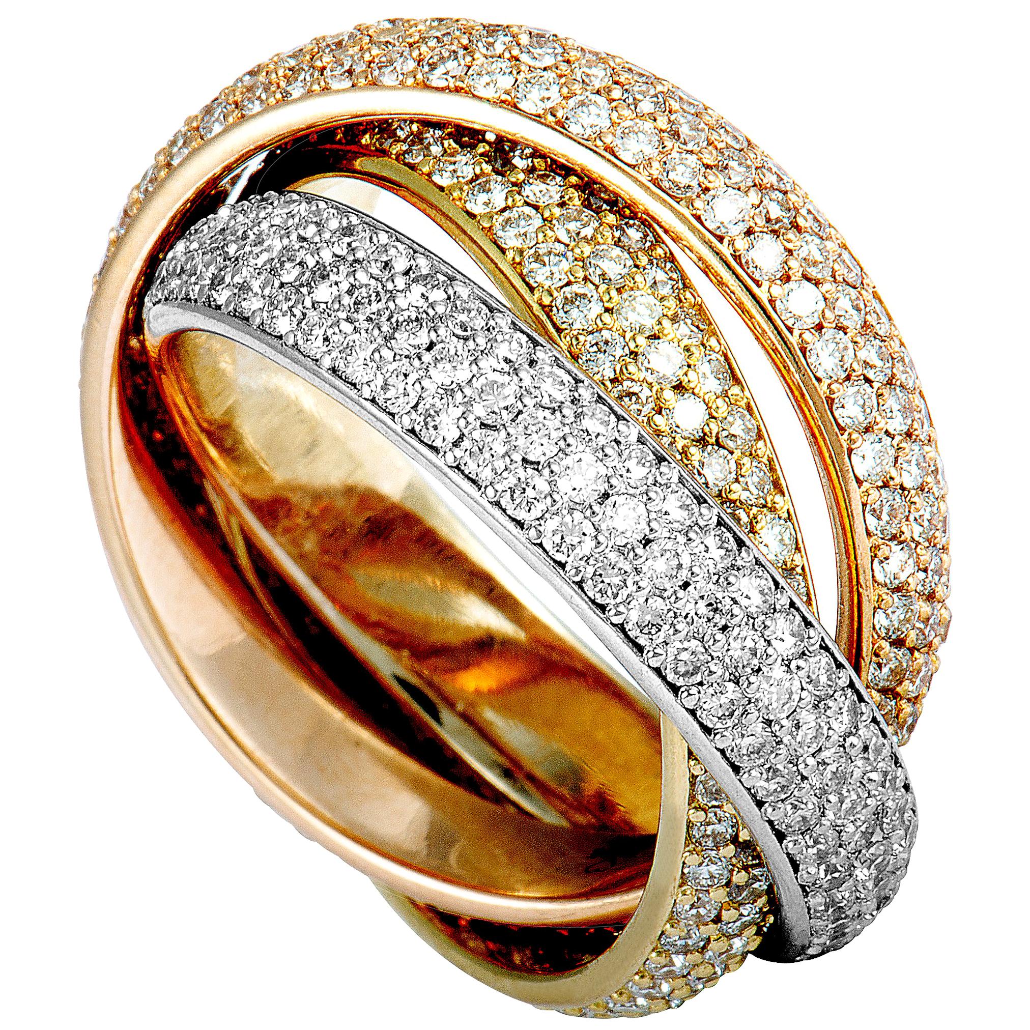Cartier Trinity Diamond 3 Rolling White, Yellow, and Rose Gold Band Ring
