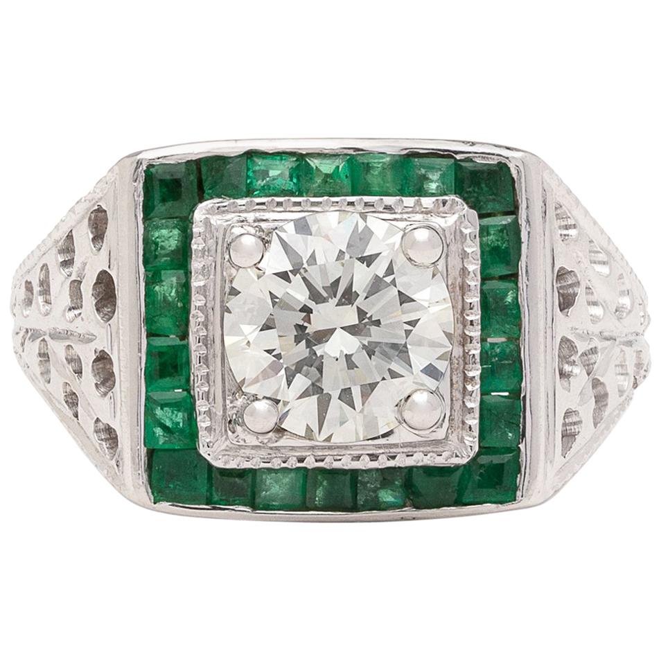 Estate Emerald Diamond and White Gold Ring