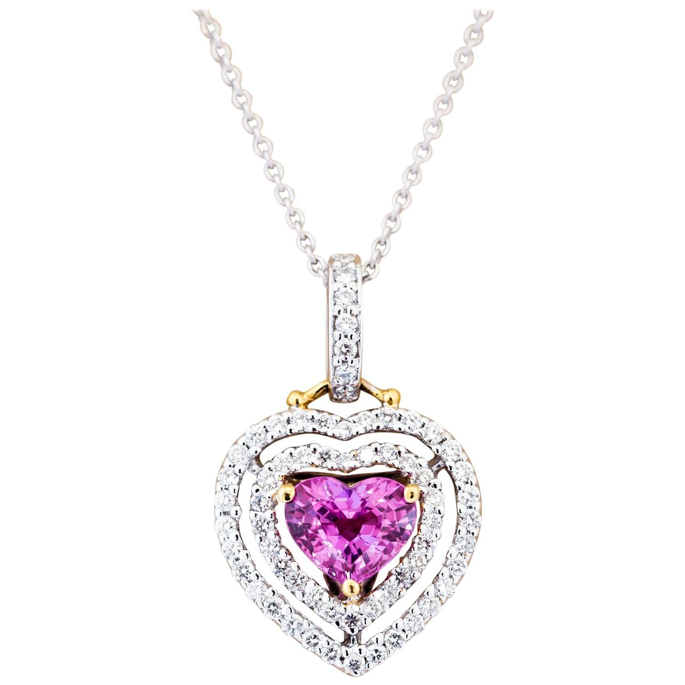 1.68 Carat Heart Pink Sapphire Diamond Pendant  For Sale