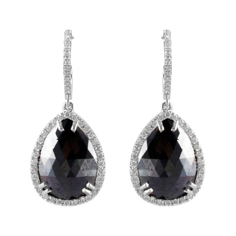 10.89 Carat Total Pear Shape Black Diamond Dangle Earrings in 14 Karat Gold