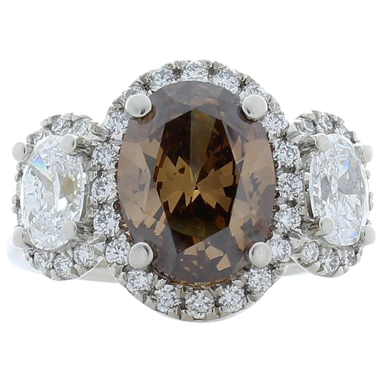 3.03 Carat Oval Fancy Brown Diamond Cocktail Ring in Platinum