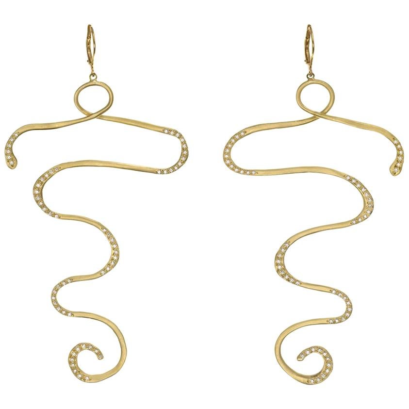 Wendy Brandes 18K Yellow Gold Snake Chandelier Earrings With Diamonds