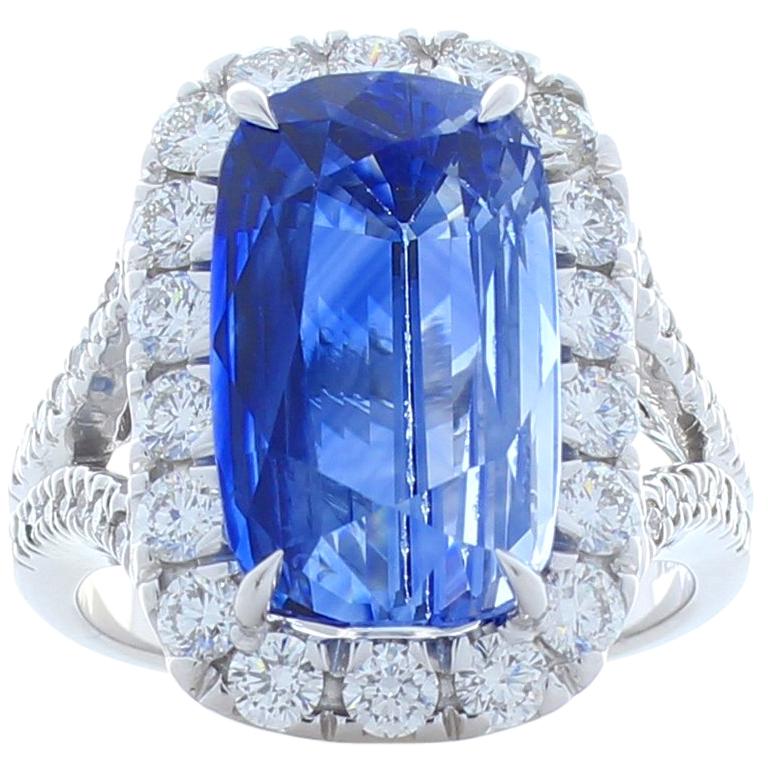 PGS Certified 11.79 Carat Cushion Blue Sapphire and Diamond Ring in White Gold