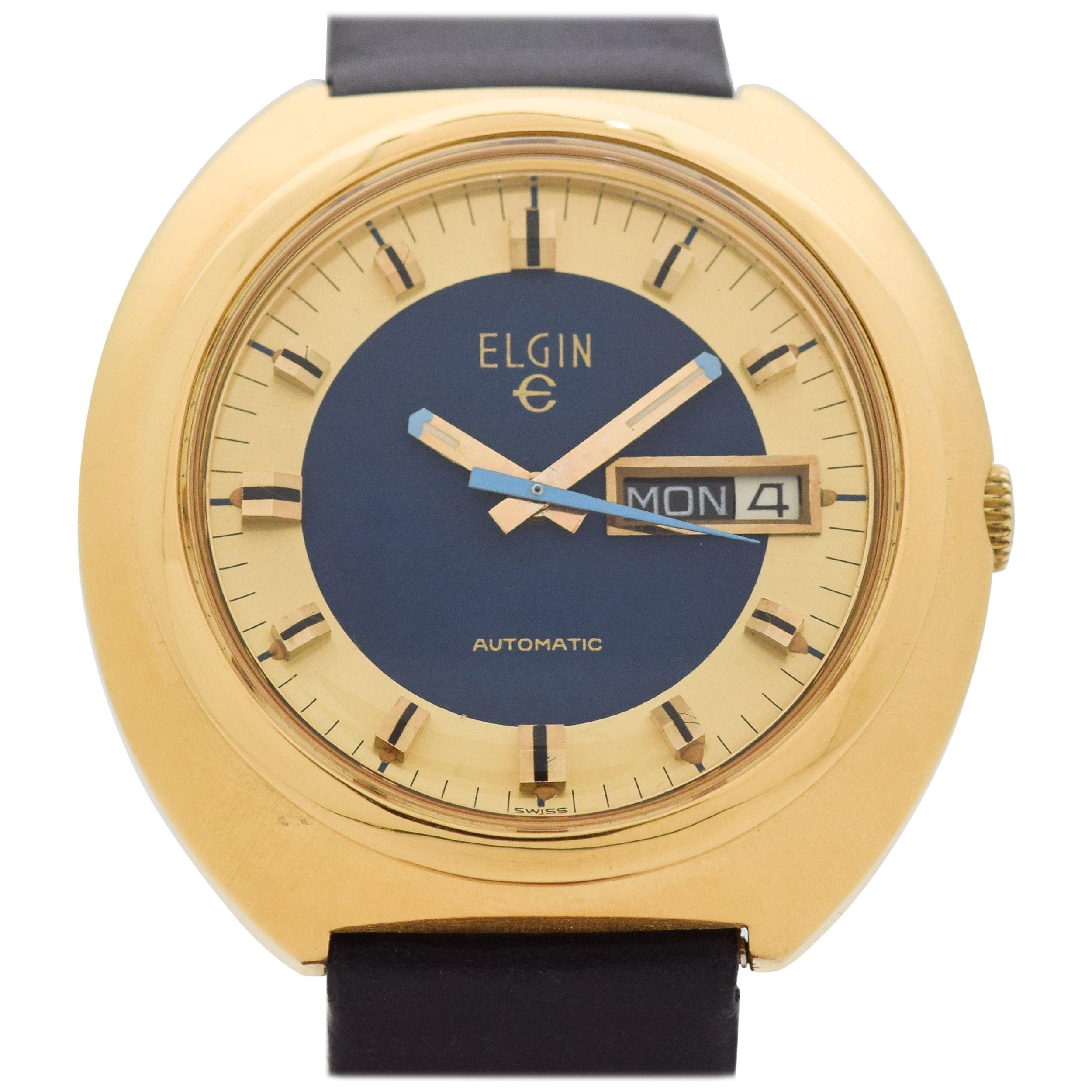 Vintage Elgin Automatic Day-Date Base Metal and Stainless Steel Watch, 1970s For Sale
