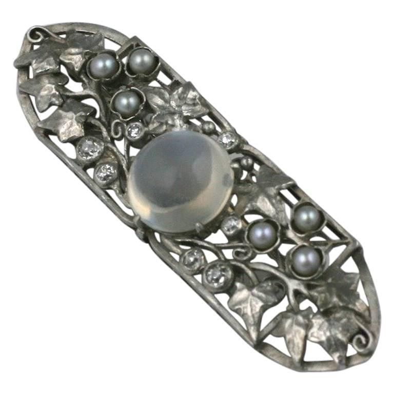 Arts & Crafts Moonstone Diamond Platinum Brooch attributed F.G. Hale For Sale